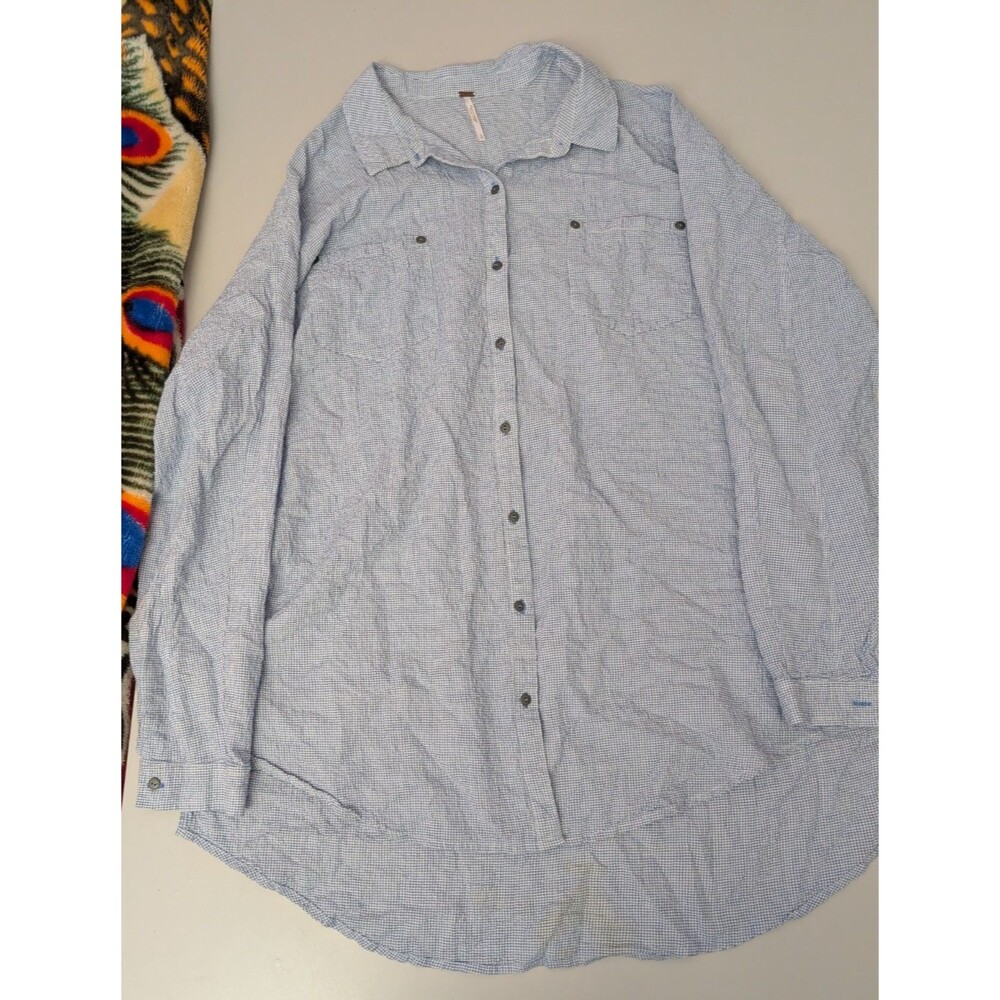 Free People Love Her Madly Puckered Check Shirt Dress Top Blue White Large L